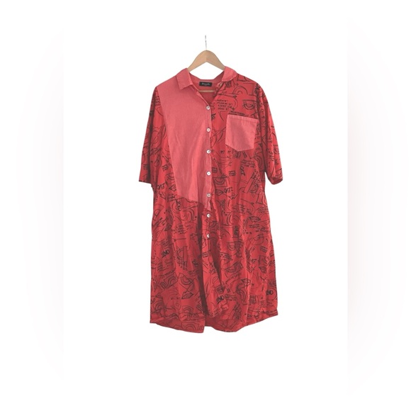 Frocella Coral Cotton Button-Up Dress with Black Print - One Size XL - Picture 2 of 10